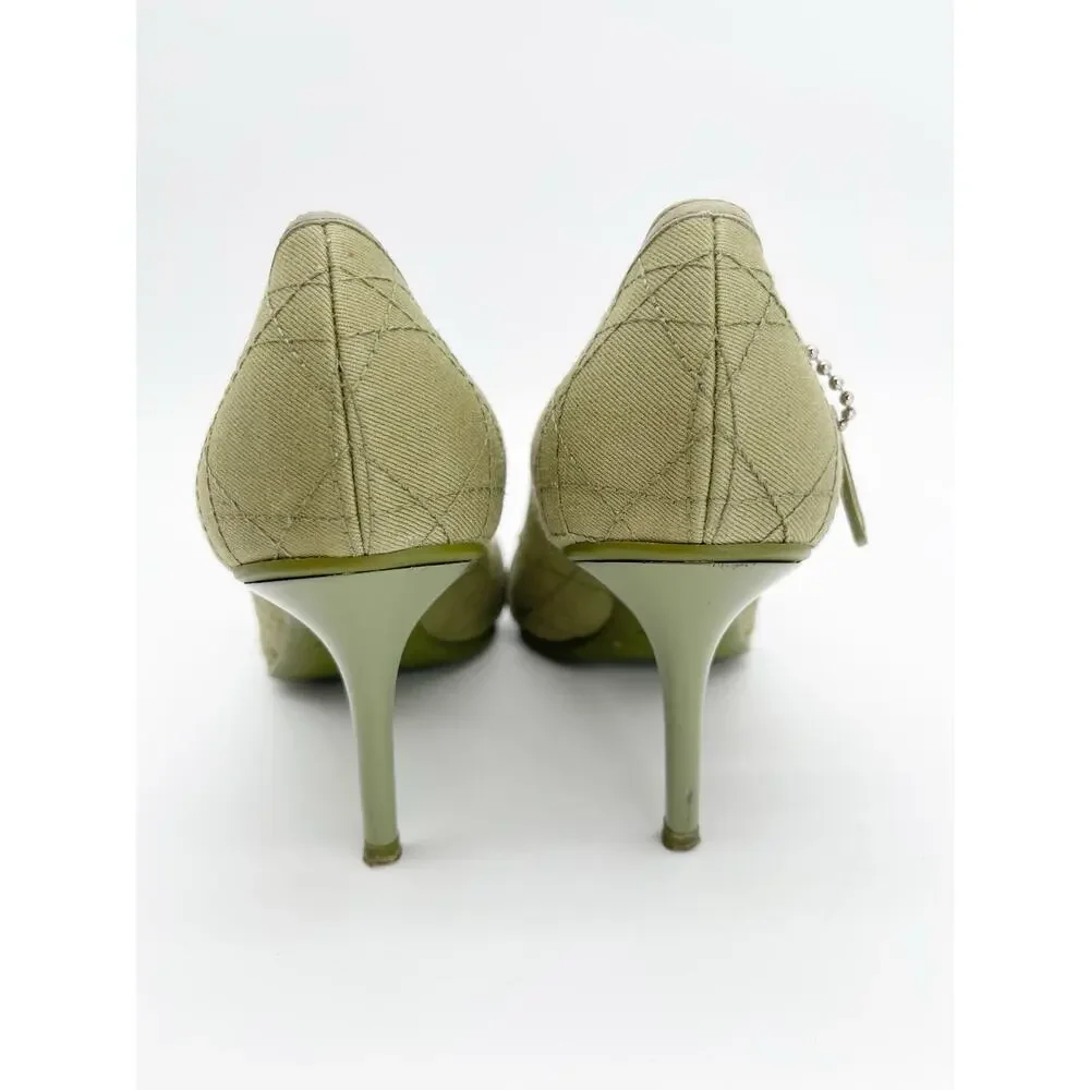 Christian Dior Vintage Green Cannage Rasta Pointed Toe Buckle Pumps Heels EU 37